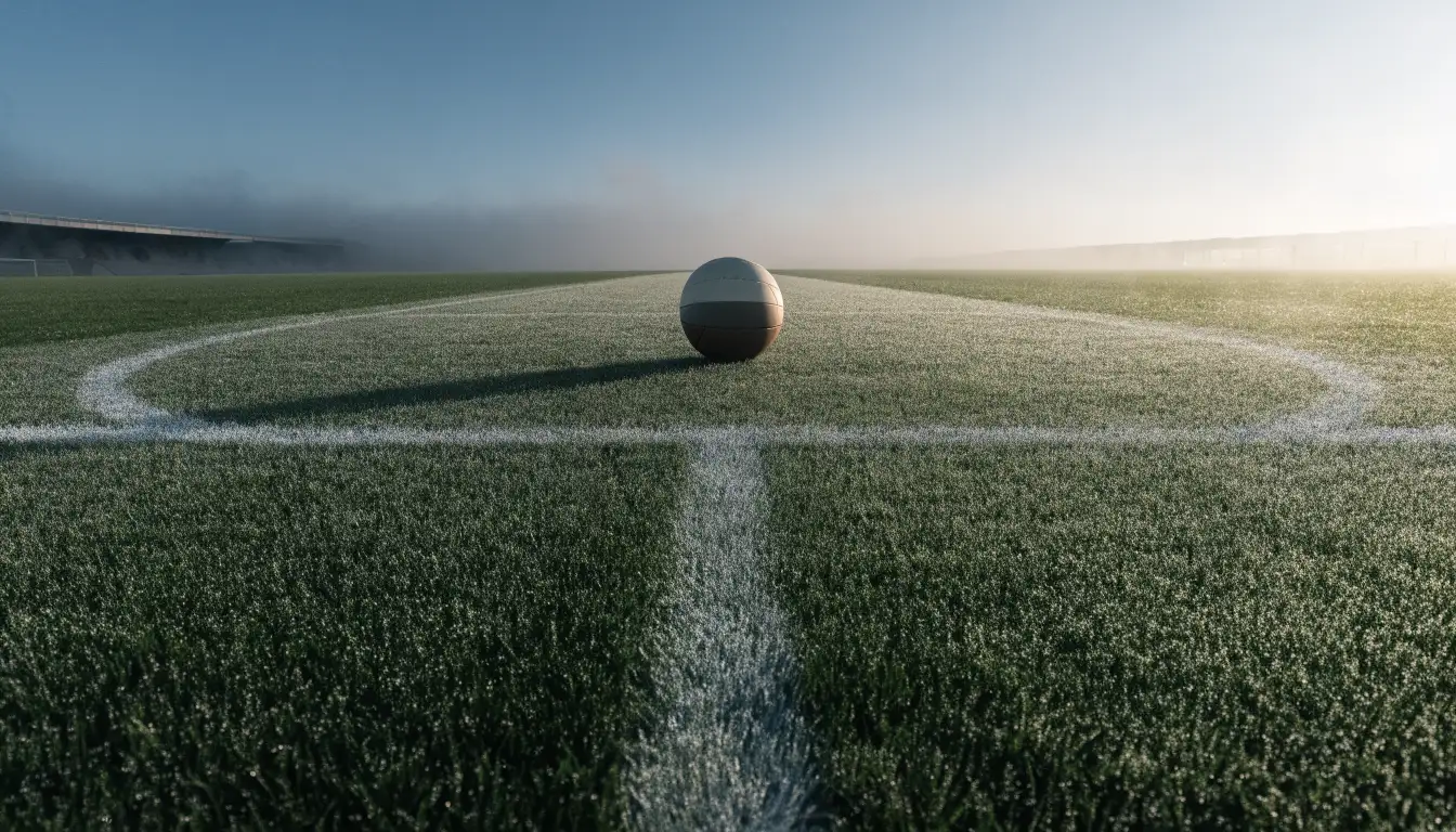 Ein Fußball liegt auf dem Mittelkreis eines leeren Rasenplatzes am frühen Morgen, im Hintergrund eine ferne Tribüne im Dunst.