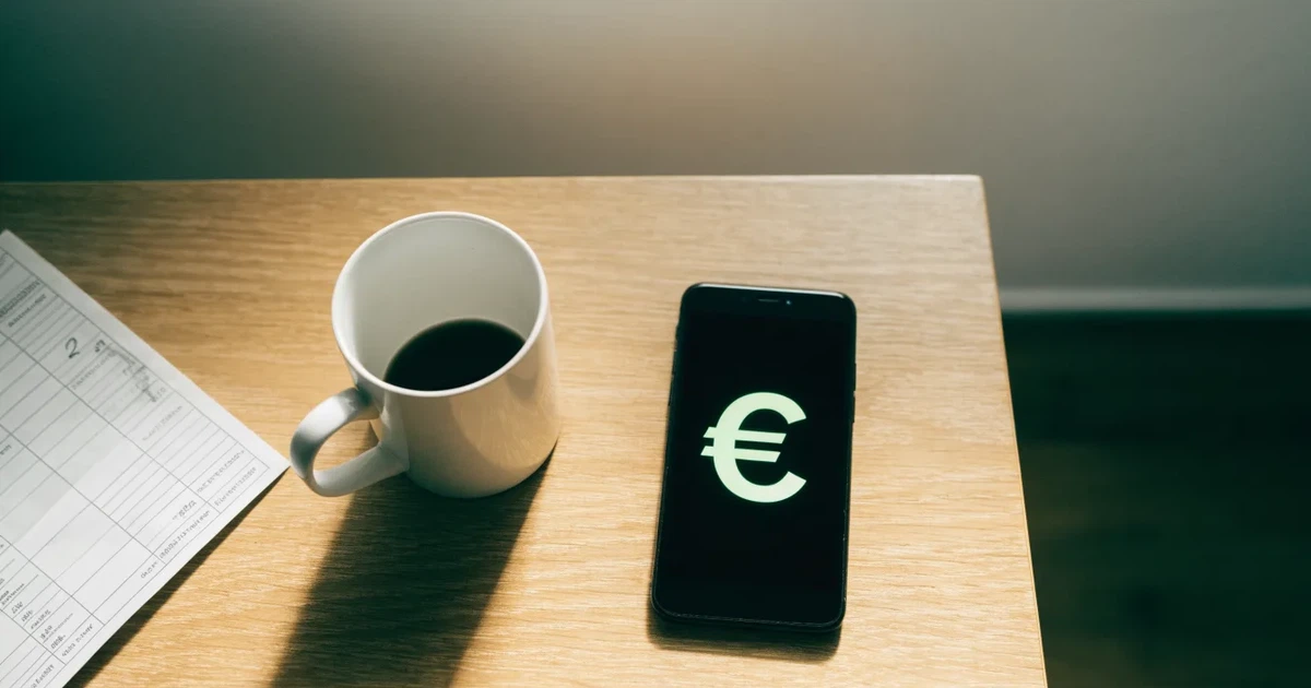 Ein Smartphone mit dunklem Display liegt neben einer Kaffeetasse und einigen Münzen auf einem hellen Holztisch, weiches Tageslicht fällt von links.
