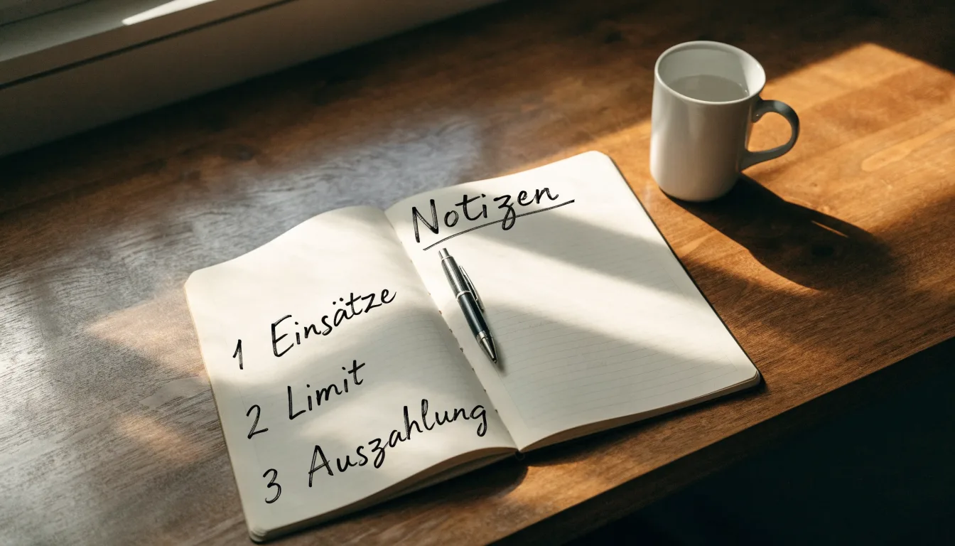 Ein Notizbuch mit handschriftlichen Notizen und ein Kugelschreiber liegen auf einem Schreibtisch neben einer Tasse, Blick schräg von oben.