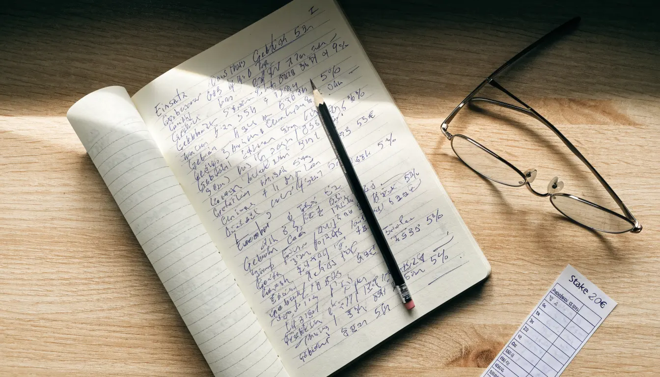 Ein aufgeschlagenes Notizbuch mit handschriftlichen Notizen liegt neben einem Bleistift auf einem Schreibtisch, daneben eine Brille.