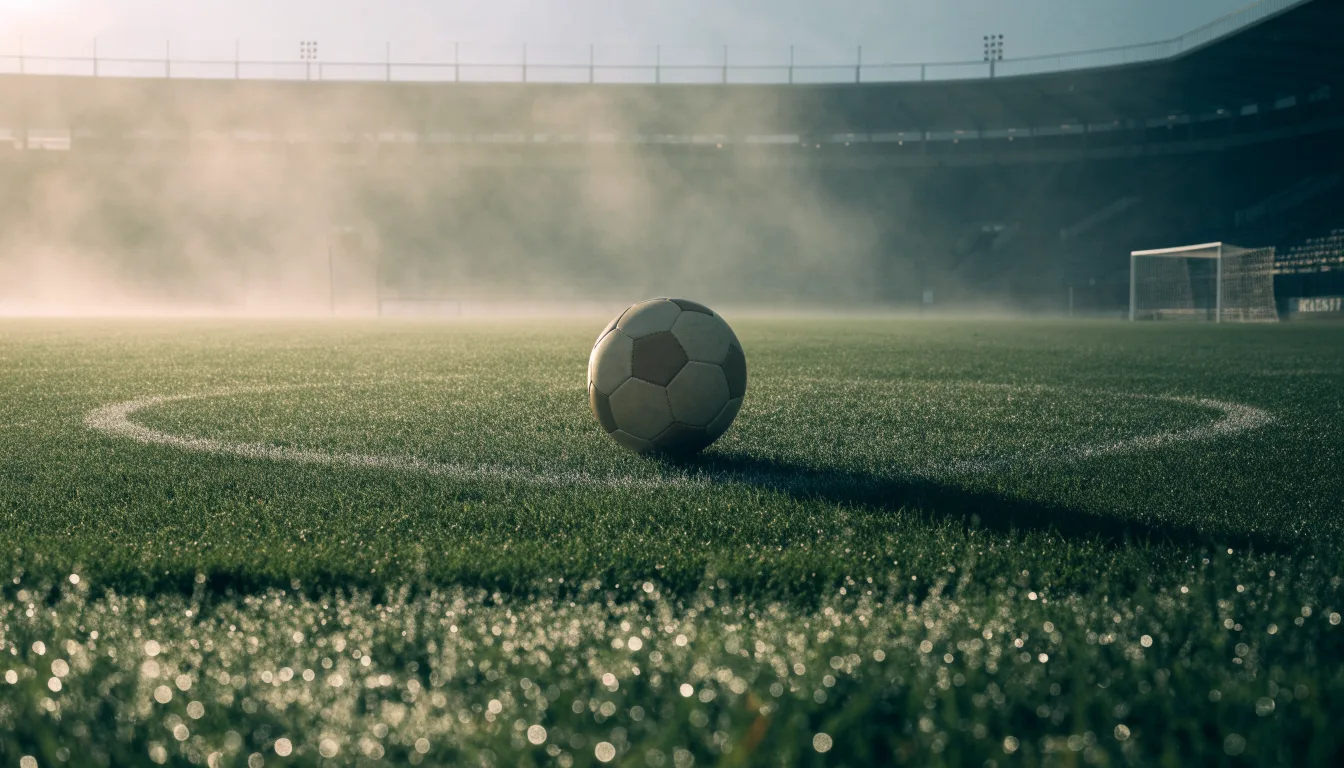 Ein leeres Fußballfeld im Morgennebel, die Mittellinie verliert sich im Dunst, kein Mensch ist zu sehen.