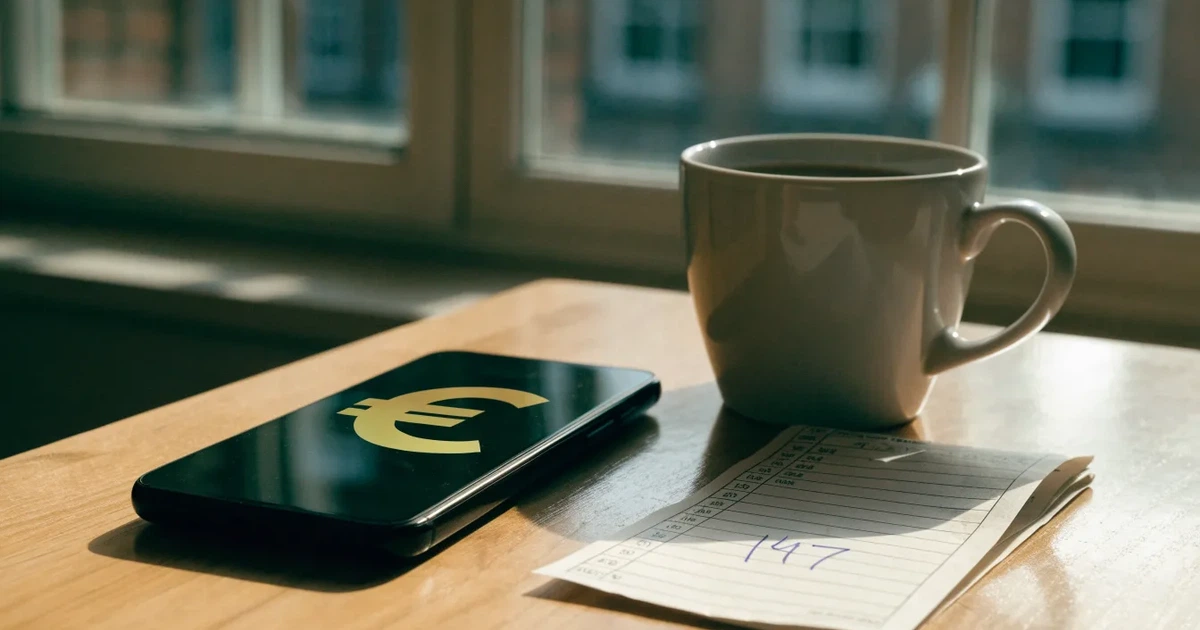 Eine Handvoll Münzen liegt neben einer Kaffeetasse auf einem Küchentisch, im Hintergrund unscharf ein Fenster mit Morgenlicht.