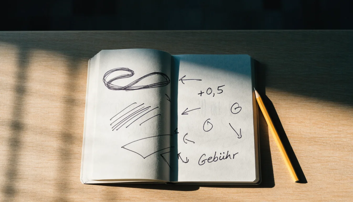 Ein aufgeschlagenes Notizbuch mit handschriftlichen Skizzen und Pfeilen liegt neben einem Bleistift auf einem Holztisch, Tageslicht fällt von der Seite.