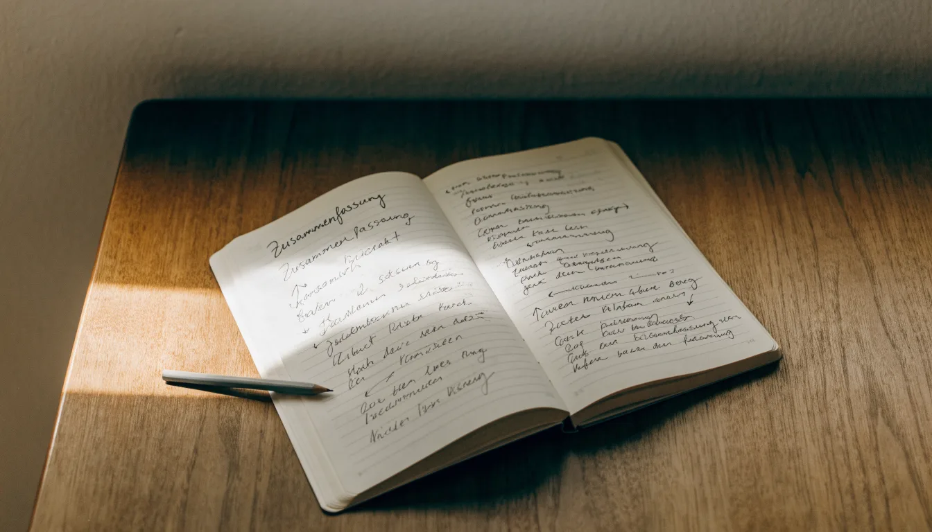 Ein aufgeschlagenes Notizbuch mit handschriftlichen Notizen und Pfeilen liegt neben einem Bleistift auf einem Holztisch, Tageslicht von links.