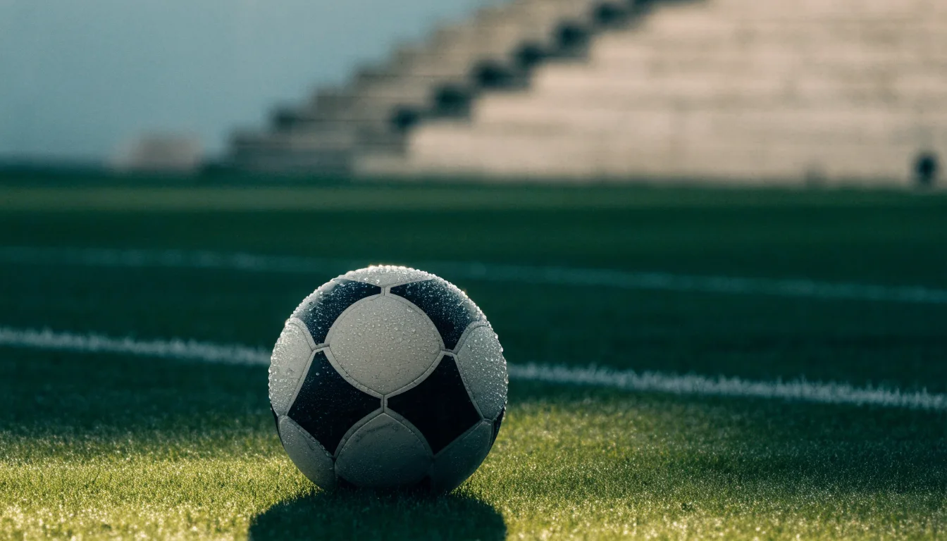 Ein Fußball liegt auf dem Rasen vor einer leeren Tribüne am frühen Morgen, Tau glänzt auf dem Gras.