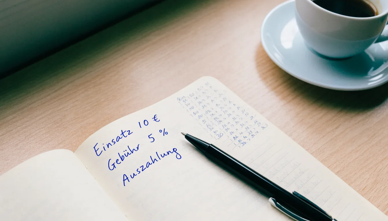 Ein Notizbuch mit handschriftlichen Notizen und ein Kugelschreiber liegen auf einem Schreibtisch neben einer Tasse, Blick schräg von oben.
