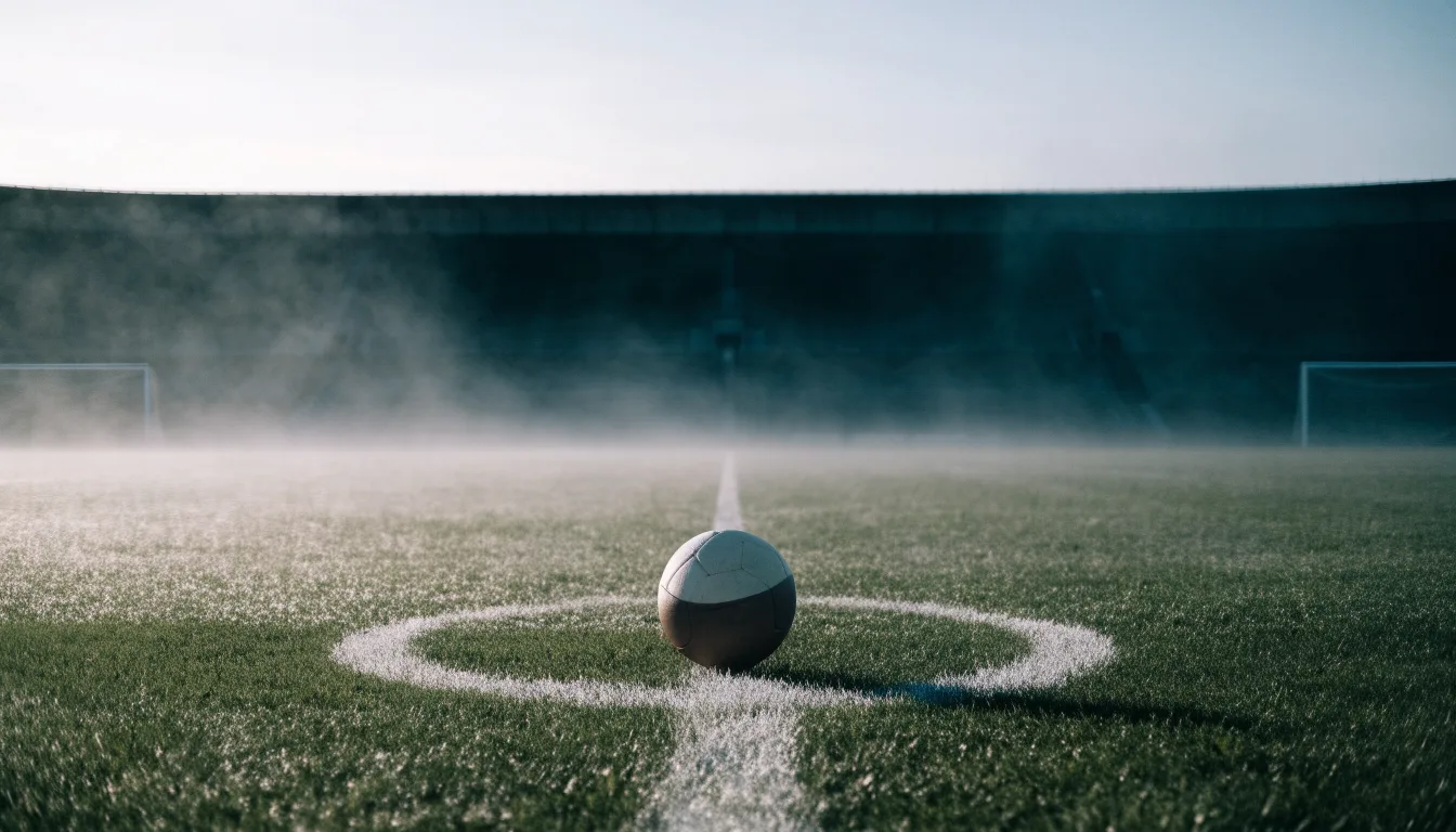 Ein Fußball liegt auf dem Anstoßpunkt eines leeren Rasenplatzes im Morgendunst, im Hintergrund eine ferne Tribüne.