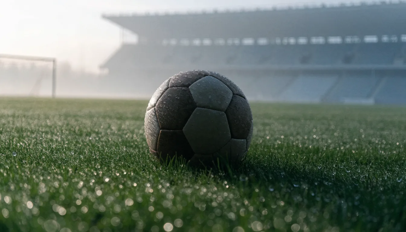 Ein Fußball liegt auf einem Rasenplatz, im Hintergrund eine ferne Tribüne im Morgendunst, Tau glänzt im Gras.