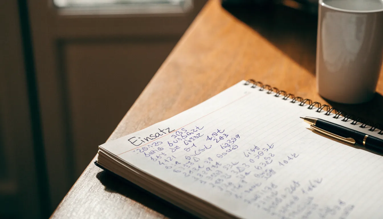 Ein Notizbuch mit handschriftlichen Notizen und ein Kugelschreiber liegen auf einem Schreibtisch neben einer Tasse, Blick schräg von oben.