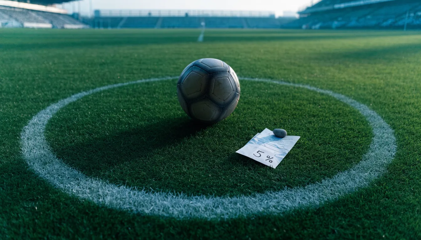 Ein Fußball liegt auf dem Mittelkreis eines leeren Rasenplatzes am frühen Morgen, im Hintergrund eine ferne Tribüne im Dunst.