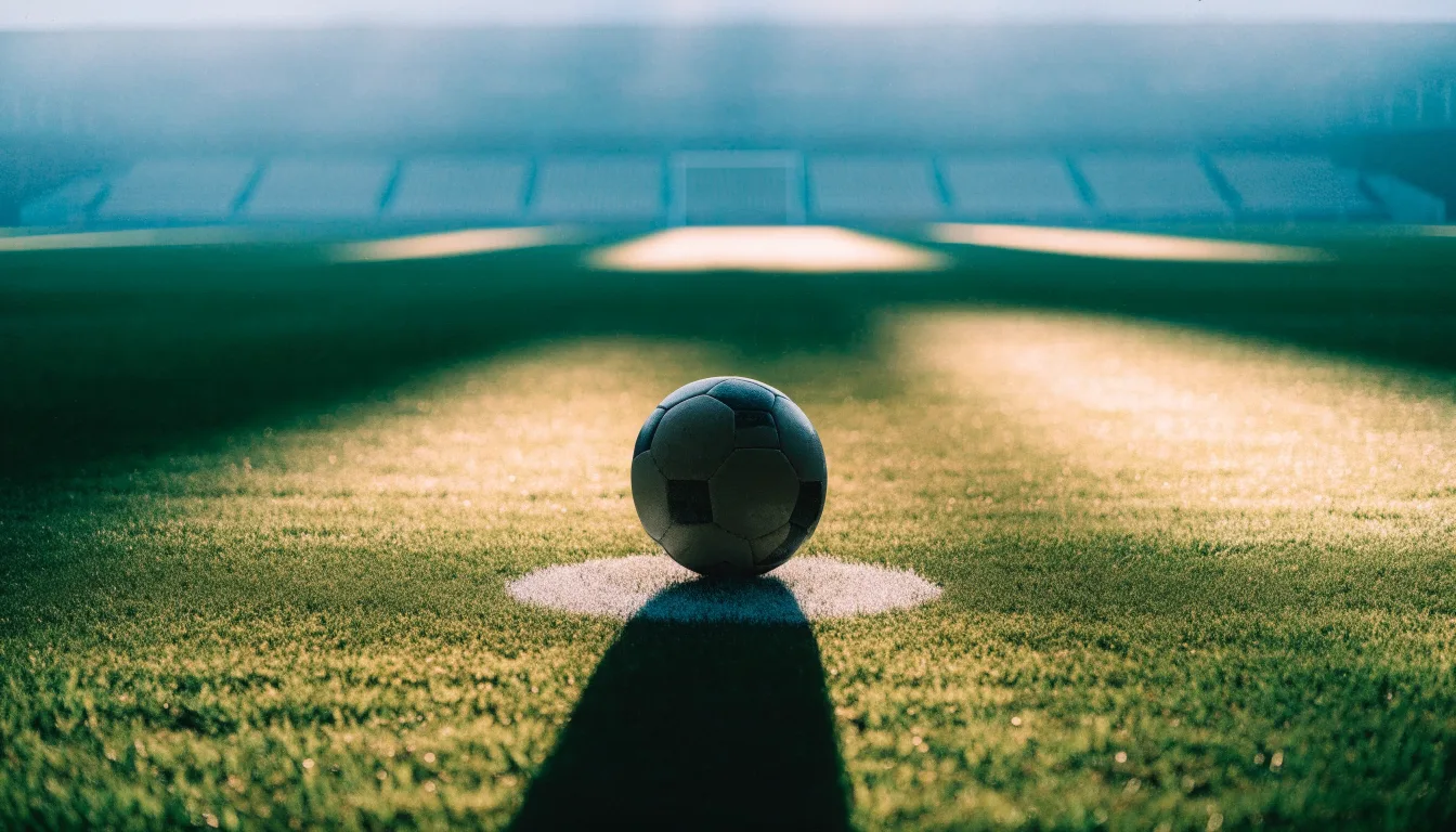 Ein Fußball liegt auf dem Mittelkreis eines leeren Rasenplatzes am frühen Morgen, im Hintergrund eine ferne Tribüne im Dunst.
