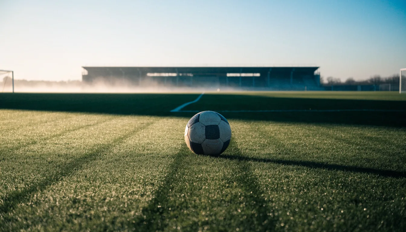 Ein Fußball liegt auf dem Mittelkreis eines leeren Rasenplatzes am frühen Morgen, im Hintergrund eine ferne Tribüne im Dunst.