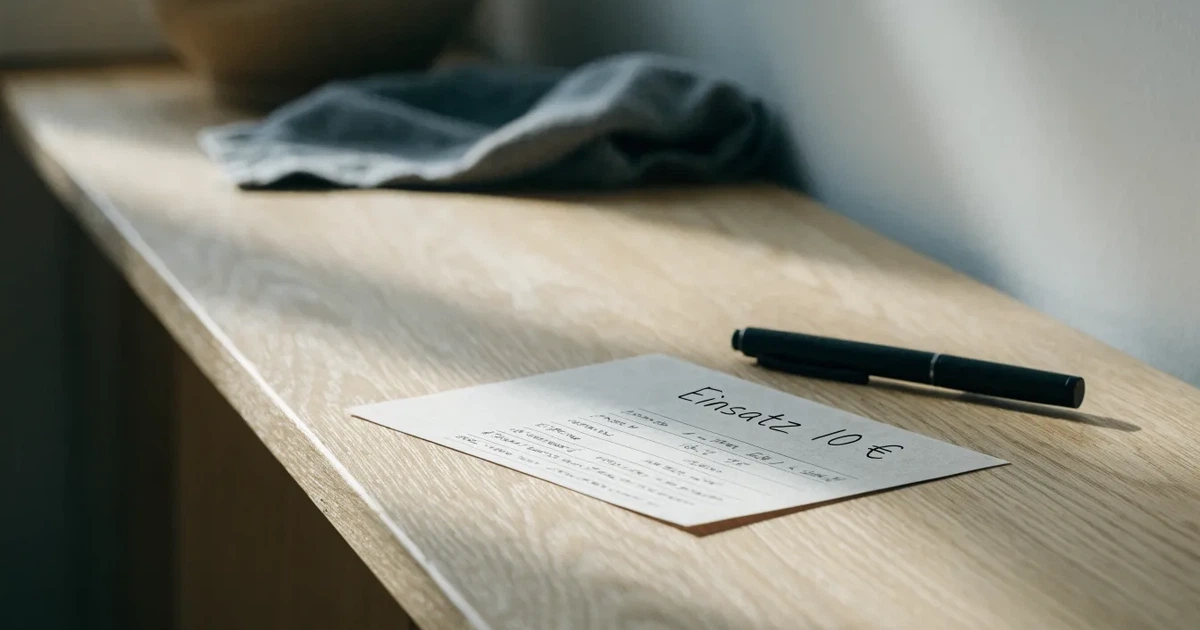 Ein leerer Papier-Wettschein ohne Aufdruck liegt neben einem Kugelschreiber auf einem hellen Tresen, weiches Seitenlicht.