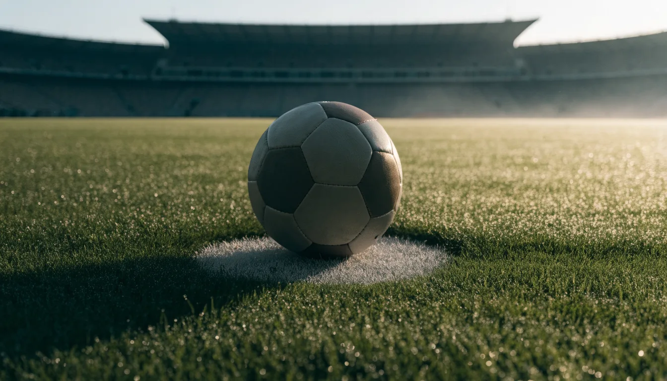 Ein Fußball liegt auf dem Mittelkreis eines leeren Rasenplatzes am frühen Morgen, im Hintergrund eine ferne Tribüne im Dunst.