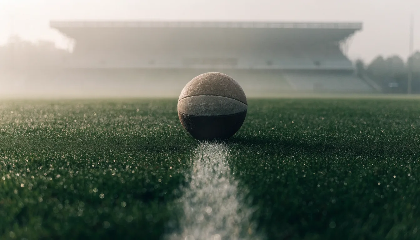 Ein Fußball liegt auf dem Anstoßpunkt eines leeren Rasenplatzes im Morgendunst, im Hintergrund eine ferne Tribüne.