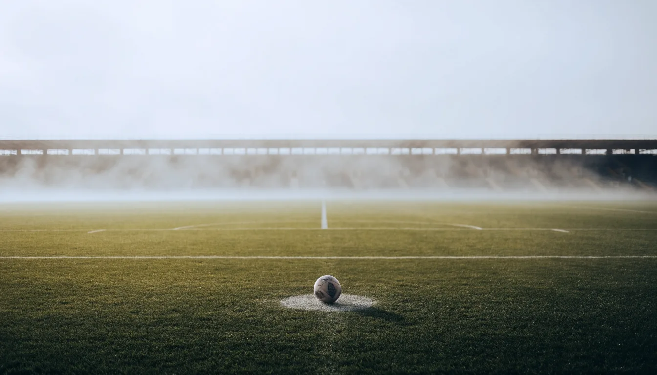 Ein Fußball liegt auf dem Anstoßpunkt eines leeren Rasenplatzes im Morgennebel, im Hintergrund verschwimmen die Tribünen.