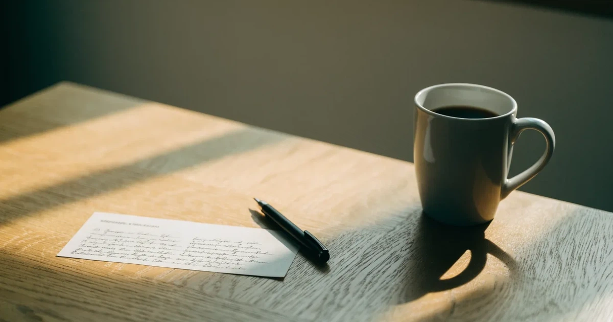 Ein leerer Wettschein aus Papier und ein Kugelschreiber liegen auf einem hellen Holztisch neben einer Kaffeetasse im warmen Seitenlicht.