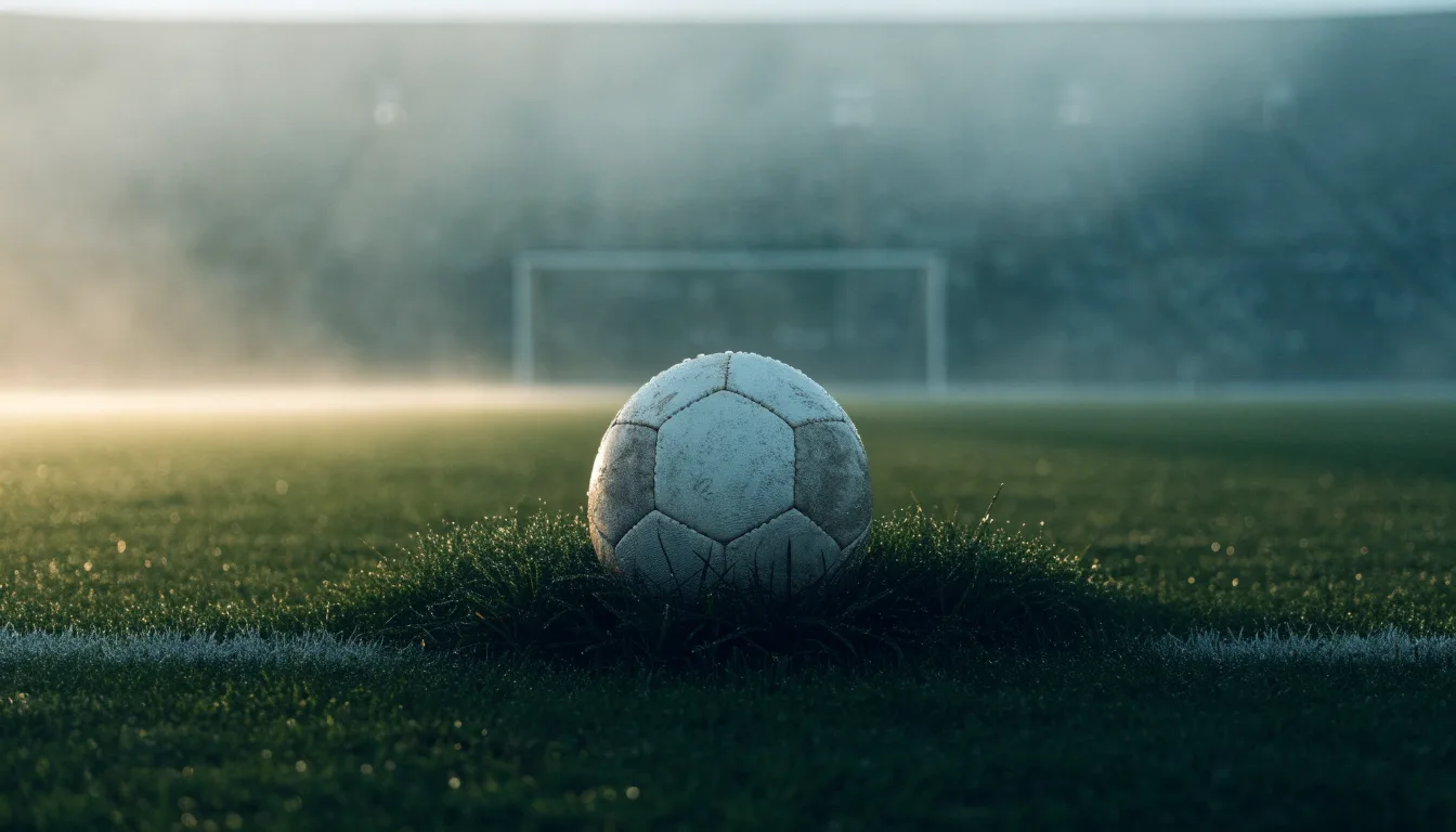 Ein Fußball liegt auf dem Anstoßpunkt eines leeren Rasenplatzes im Morgennebel.