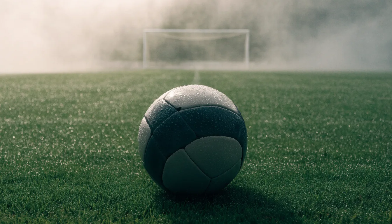 Ein Fußball liegt auf dem Anstoßpunkt eines leeren Rasenplatzes im Morgennebel.