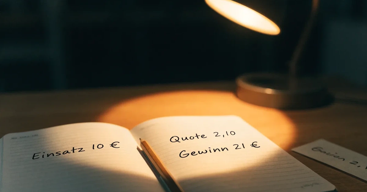 Ein aufgeschlagenes Notizbuch mit handschriftlichen Notizen und ein Bleistift liegen auf einem Schreibtisch im Licht einer Lampe.