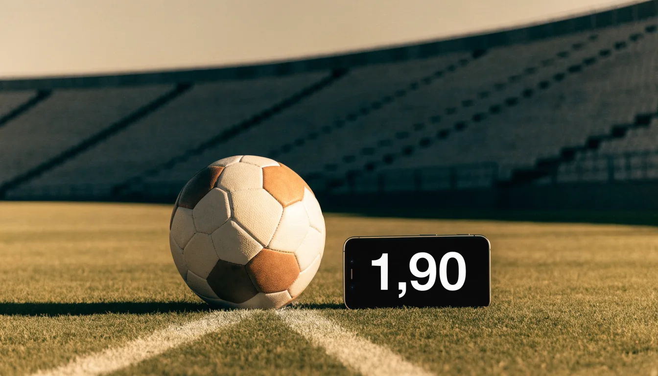 Ein Fußball liegt auf dem Anstoßpunkt eines leeren Rasenplatzes, dahinter eine menschenleere Tribüne im weichen Abendlicht.