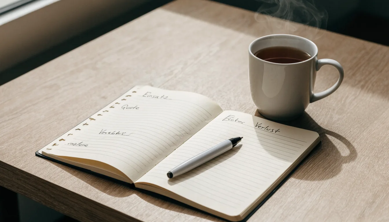 Ein aufgeschlagenes Notizbuch mit handgeschriebenen Notizen und ein Kugelschreiber liegen auf einem Schreibtisch neben einer Tasse Tee.
