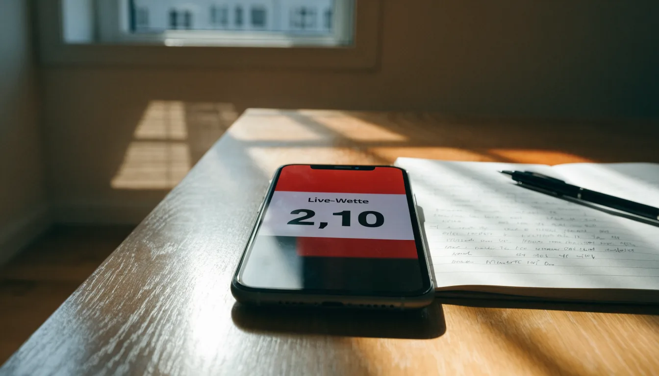 Ein Smartphone mit dunklem Display liegt auf einem Holztisch neben einem Notizbuch, durch das Fenster fällt Abendlicht.