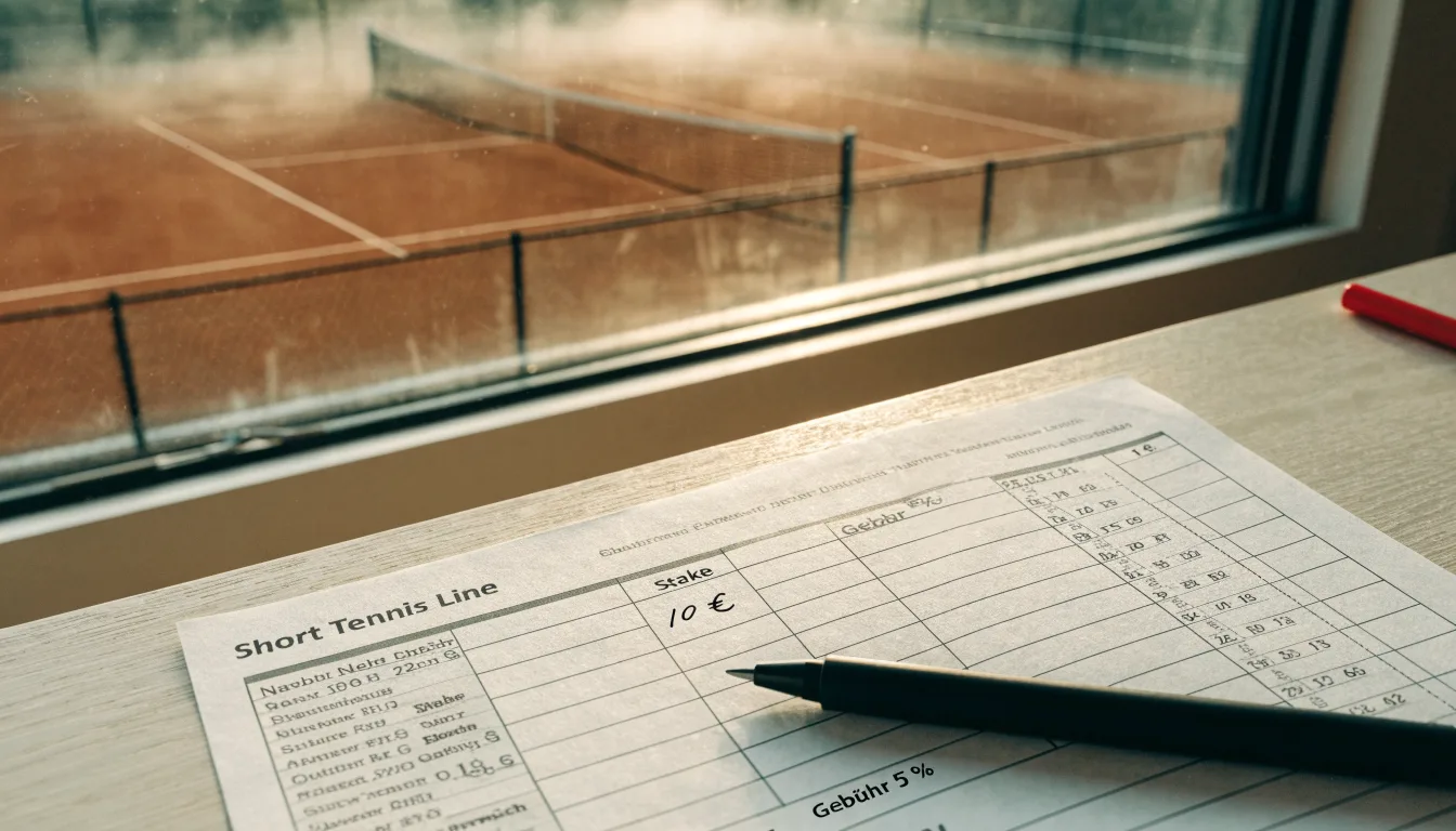Ein Tennisplatz im Morgengrauen mit Netz und Linien, über dem Sandboden liegt leichter Nebel und niemand ist zu sehen.