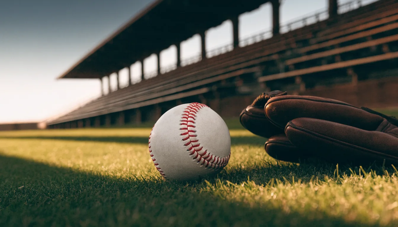 Ein Baseball liegt auf dem Rasen neben einem Lederhandschuh ohne Aufschrift, im Hintergrund eine leere Tribüne im Abendlicht.