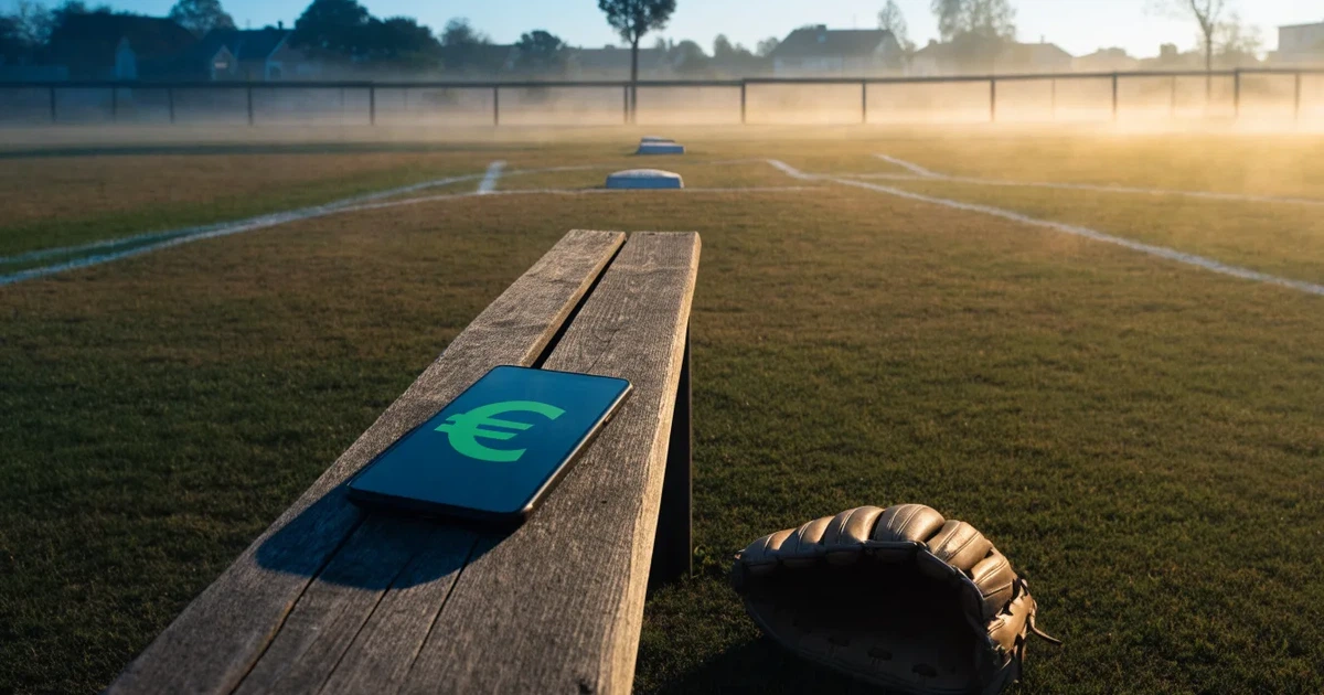 Ein leeres Baseballfeld mit Sandfläche, Basen und weißen Linien in der Morgendämmerung, über dem Rasen liegt leichter Nebel.