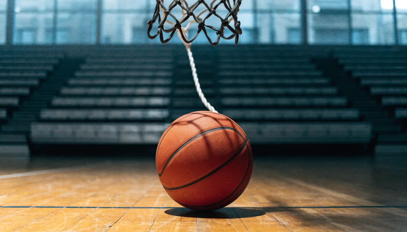 Ein orangefarbener Basketball liegt auf einem Hallenboden unter dem Netz eines Korbs, im Hintergrund unscharf leere Sitzreihen.