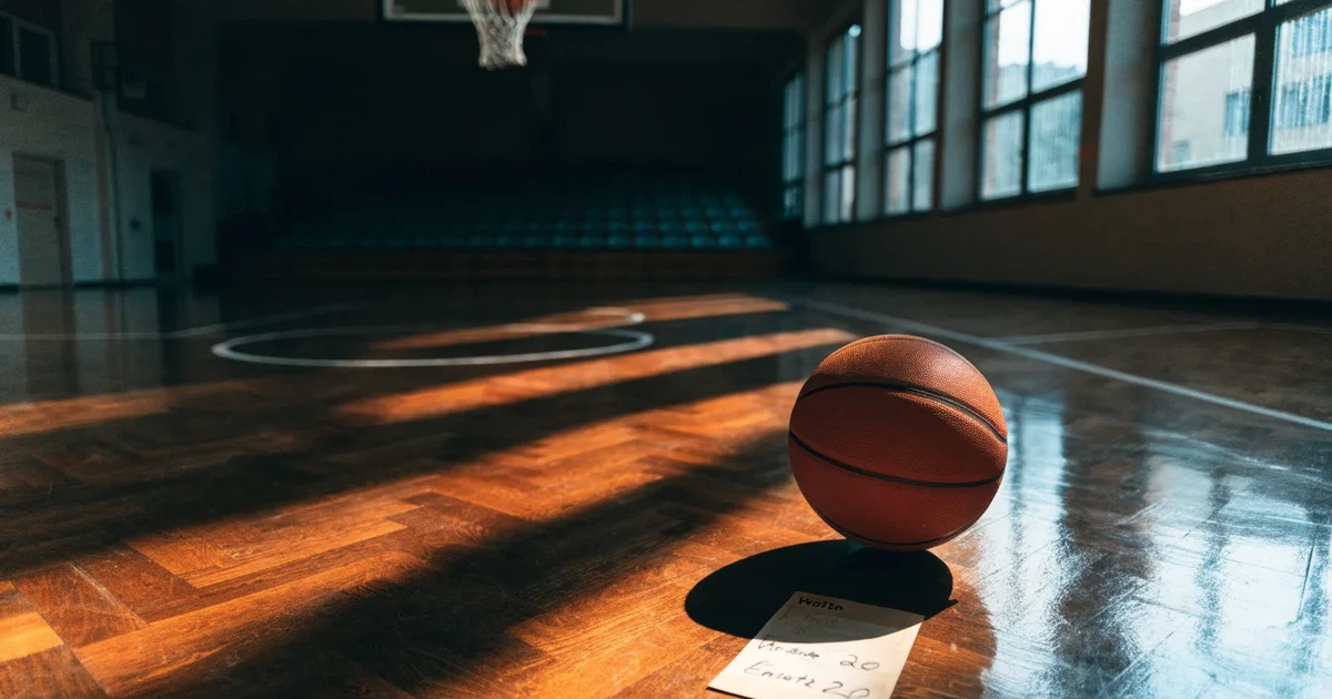Ein leeres Basketballfeld in einer Halle mit glänzendem Parkett und einem Korb, durch hohe Fenster fällt Tageslicht.