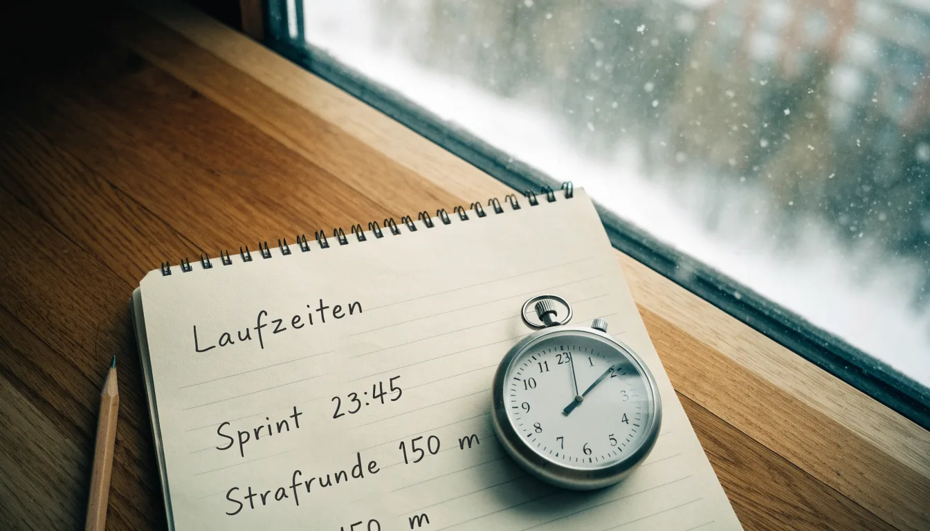 Ein Notizbuch mit handschriftlichen Zeiten liegt neben einer Stoppuhr auf einem Holztisch, draußen vor dem Fenster fällt Schnee.