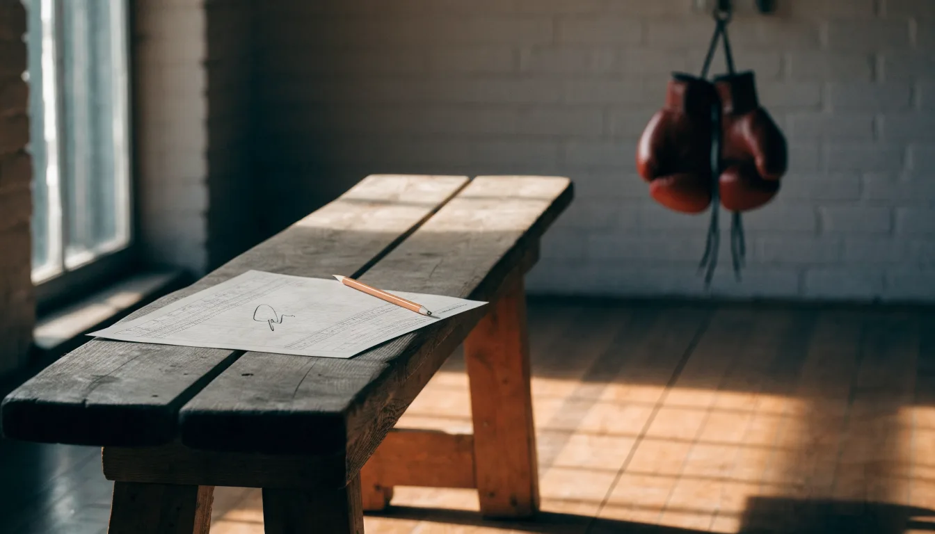 Ein Paar Boxhandschuhe hängt an einem Haken in einer leeren Trainingshalle, durch ein Fenster fällt Tageslicht auf den Boden.