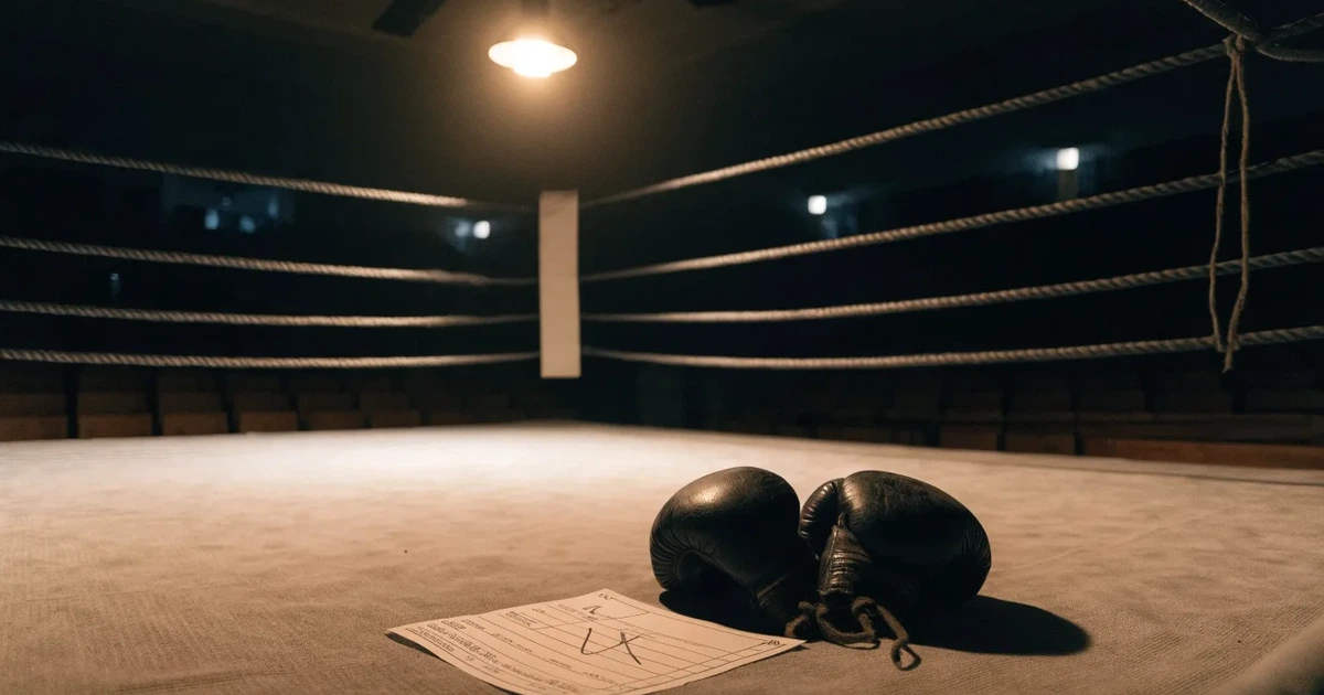 Ein leerer Boxring mit gespannten Seilen unter einer Hallenlampe, der Ringboden ist im Licht gut zu erkennen, niemand ist zu sehen.