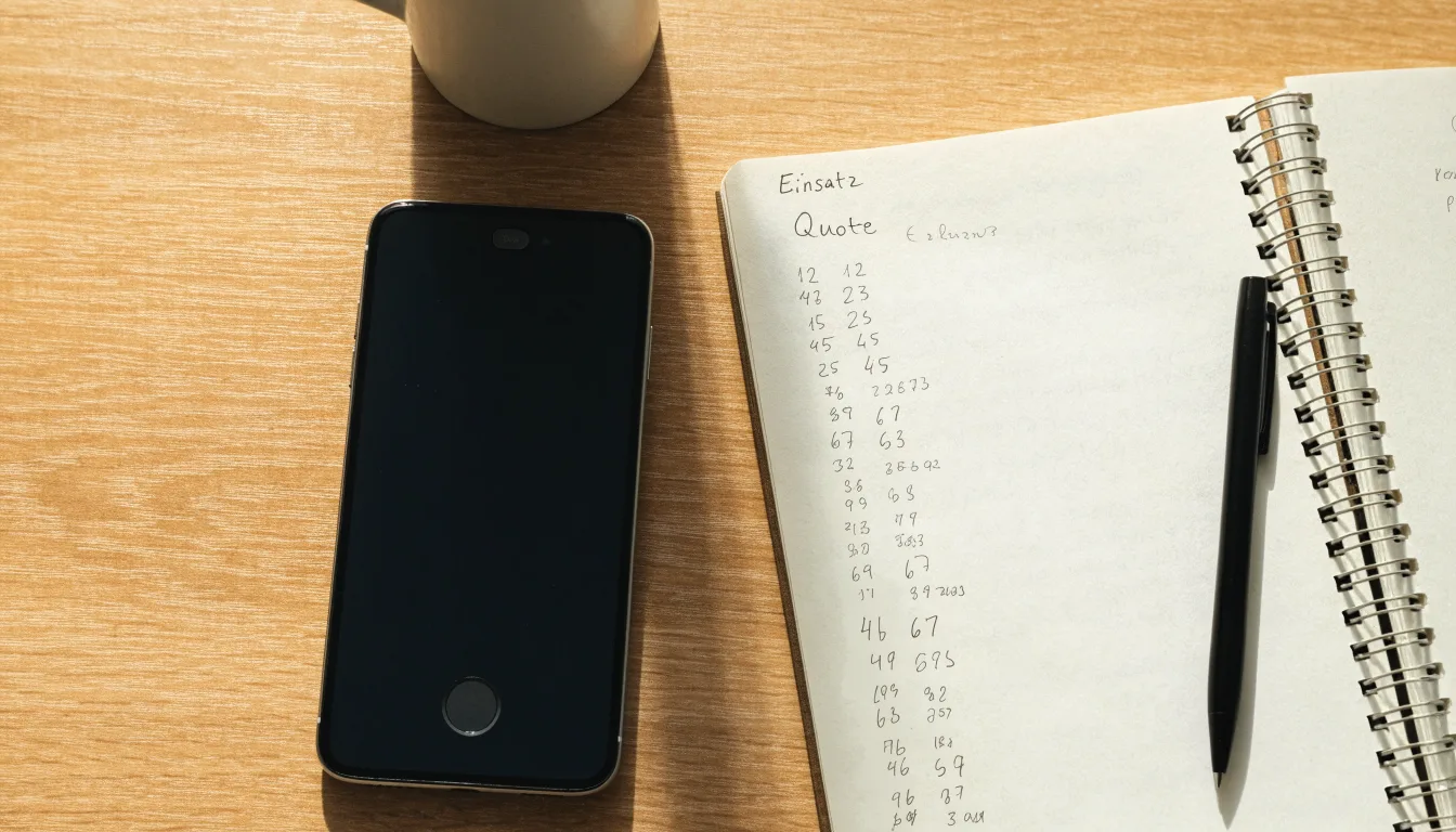 Ein Smartphone mit dunklem Display liegt auf einem Holztisch neben einem Notizblock und einem Stift, Tageslicht von links.