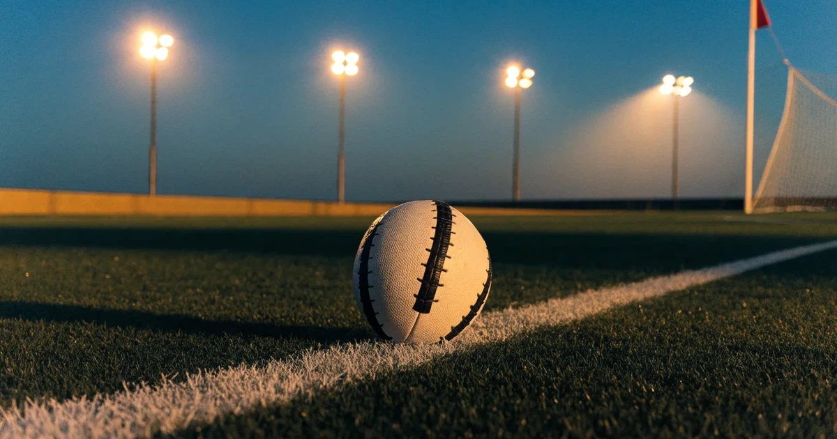 Ein Fußball liegt auf dem Anstoßpunkt eines Rasenplatzes in der Dämmerung, in der Ferne leuchten Flutlichter, die Ränge sind leer.