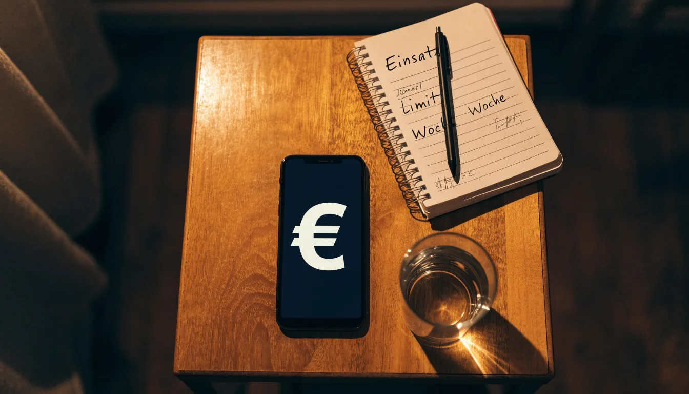 Ein Smartphone liegt mit dem Display nach unten auf einem Holztisch neben einem Glas Wasser, ruhige Abendstimmung in einem Wohnzimmer.