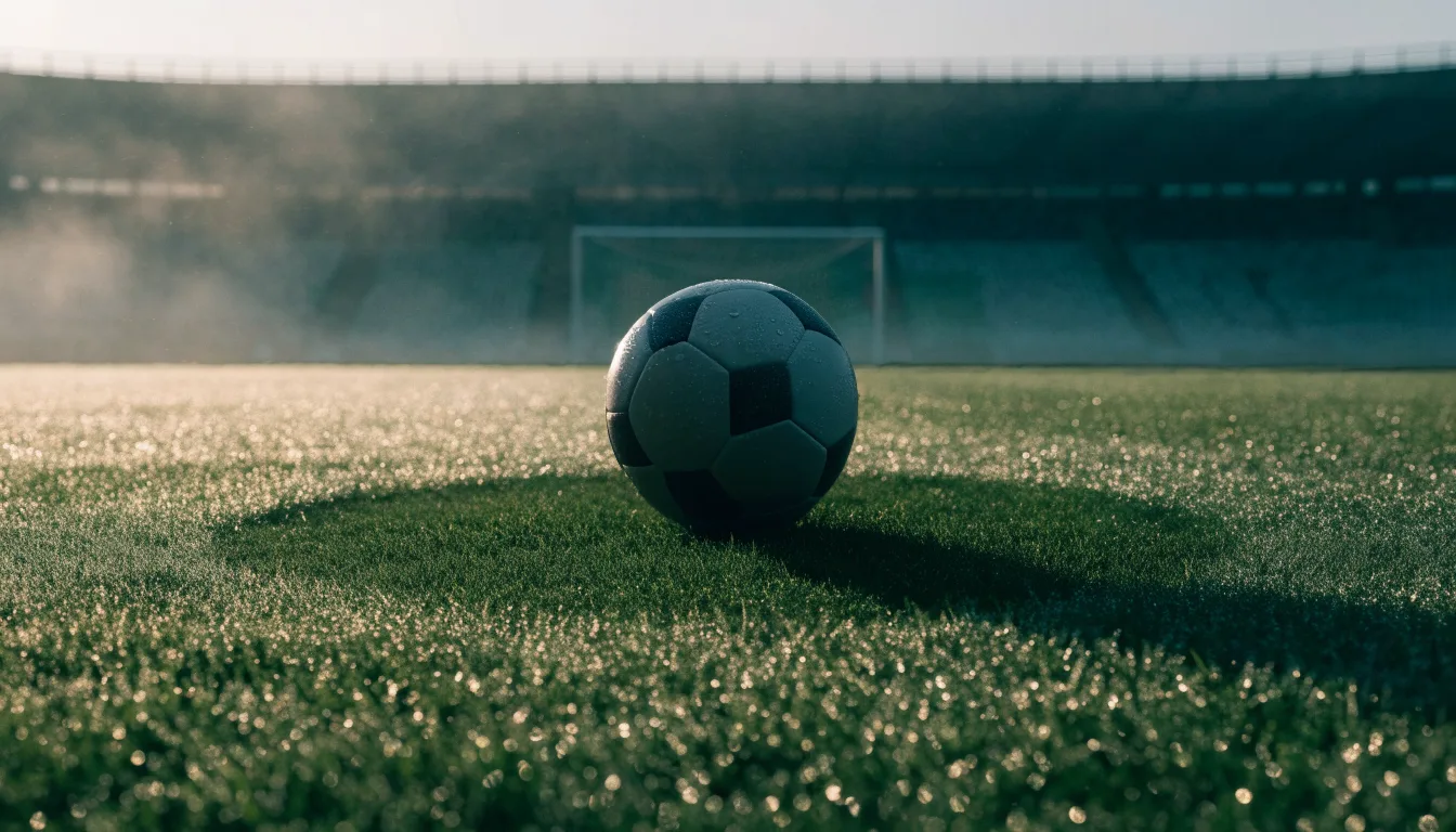 Ein Fußball auf dem Mittelpunkt eines Rasenplatzes, früher Morgen, Tau auf dem Gras, im Hintergrund leere Tribünen.