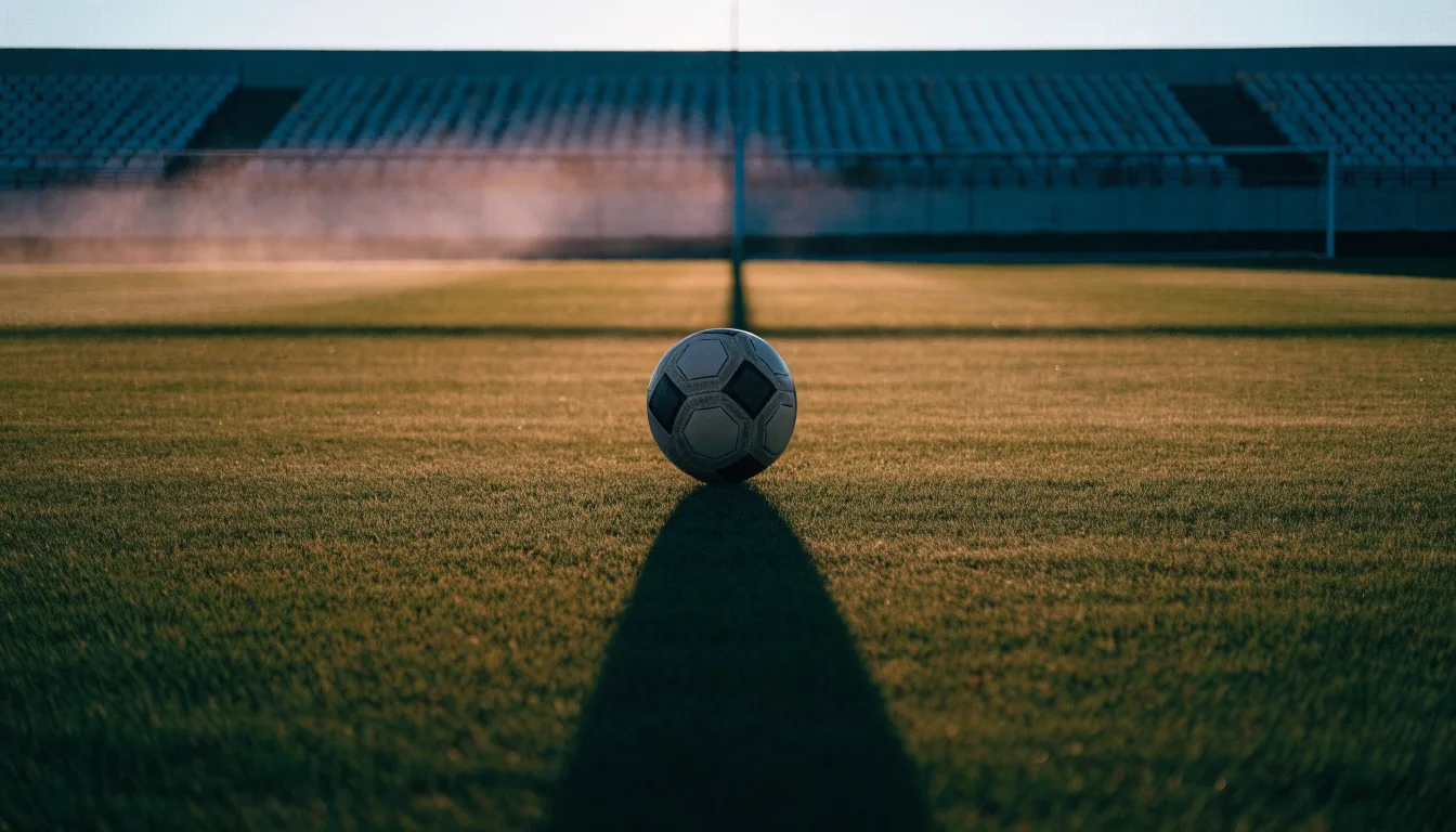 Ein Fußball liegt in der Mitte eines Rasens im Licht der tief stehenden Sonne, dahinter leere Sitzreihen.