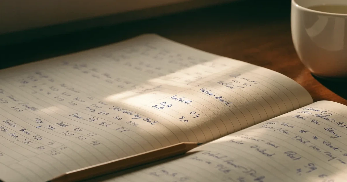 Ein Notizbuch mit handschriftlichen Notizen, einfachen Linien und Zahlenreihen liegt aufgeschlagen neben einem Bleistift auf einem Schreibtisch.