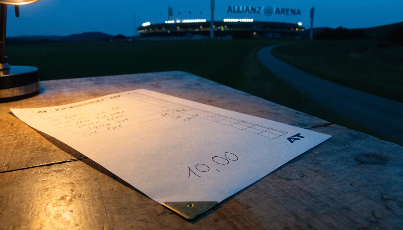 Ein Stadion unter Flutlicht aus der Ferne gesehen, davor eine dunkle Landschaft mit Feldern und einer Landstraße.